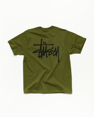 Basic Stüssy Tee unisex short-sleeve T-shirt in olive cotton with bold back logo | hero:main:collection:new-arrivals,shirts,tops-shirts,all,tees,outerwear,denim,crew-sweats,knits,accessories,sunglasses,hoodies,sweats,mens-hoodies-sweatshirts,shorts,pants,bottoms,basic-stussy-sweats,basic-stussy-tees, | product-card-slider