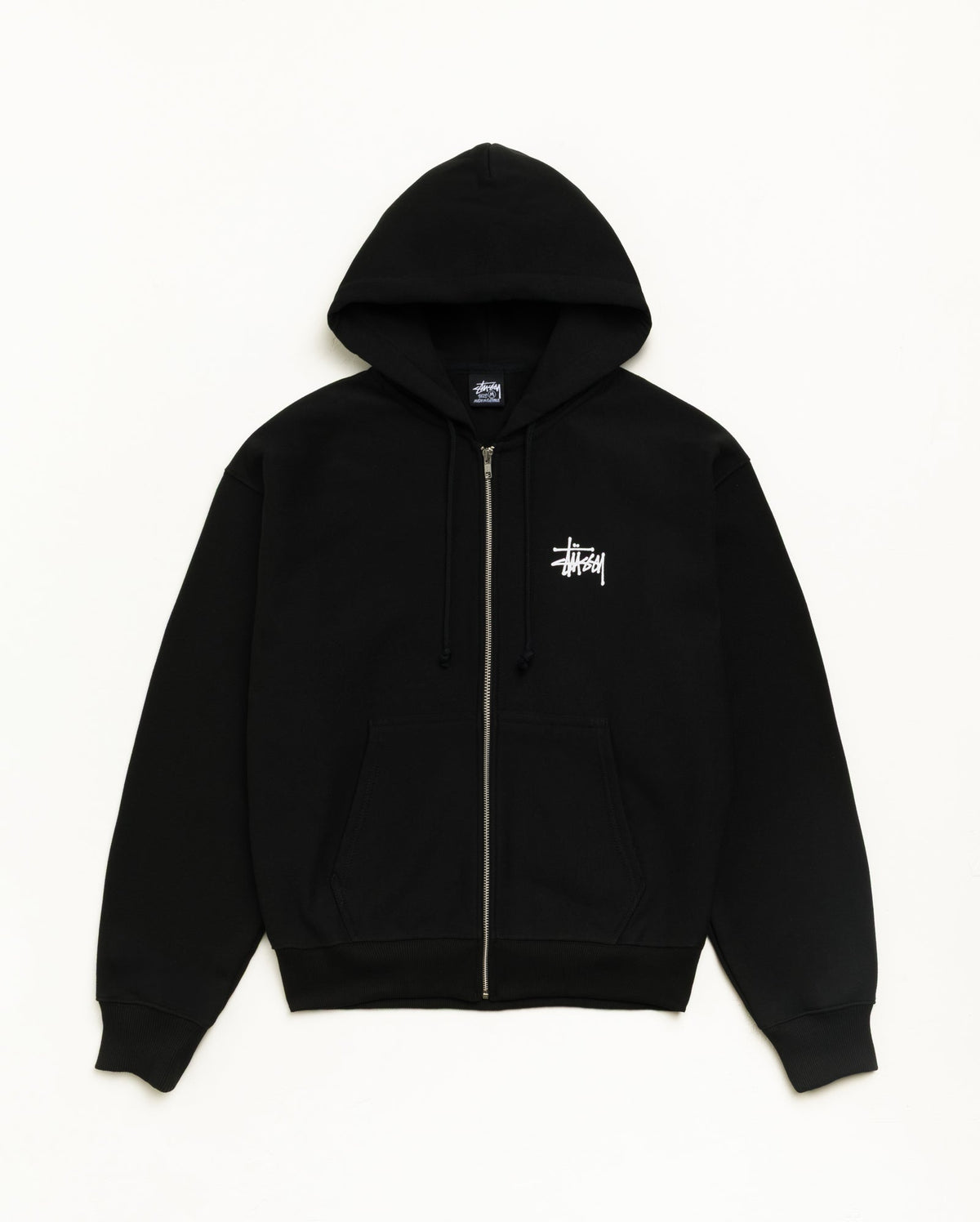 Basic Stüssy Zip Hoodie in Black | hero:main:collection:new-arrivals,shirts,tops-shirts,all,tees,outerwear,denim,knits,accessories,sunglasses,hoodies,sweats,mens-hoodies-sweatshirts,shorts,pants,bottoms,crew-sweats,zip-ups,swim,sweatpants, | product-card-slider
