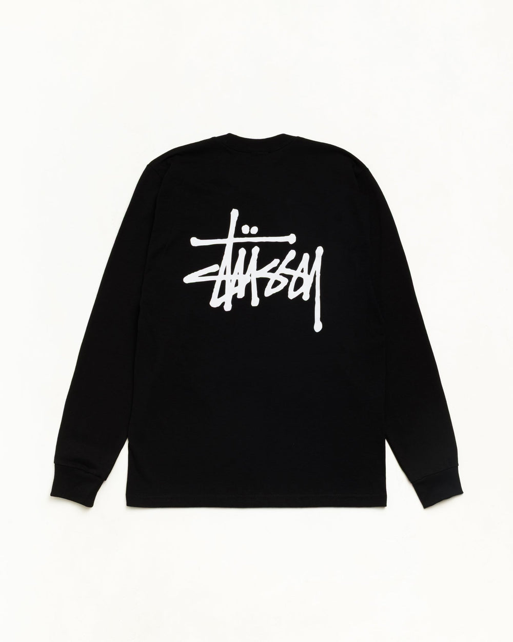 Basic Stüssy LS Tee unisex long-sleeve in black with white back logo print | hero:main:collection:new-arrivals,shirts,tops-shirts,all,tees,outerwear,denim,crew-sweats,knits,accessories,sunglasses,hoodies,sweats,mens-hoodies-sweatshirts,shorts,pants,bottoms,basic-stussy-sweats,basic-stussy-tees, | product-card-slider